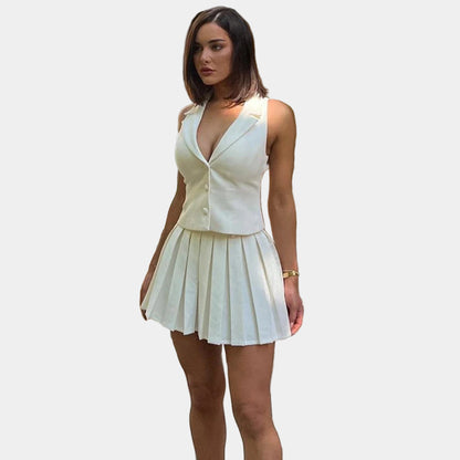 סט חצאית ומכופתרת צווארון וי