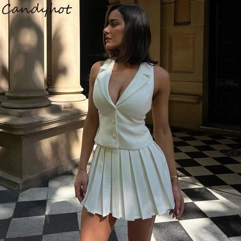 סט חצאית ומכופתרת צווארון וי