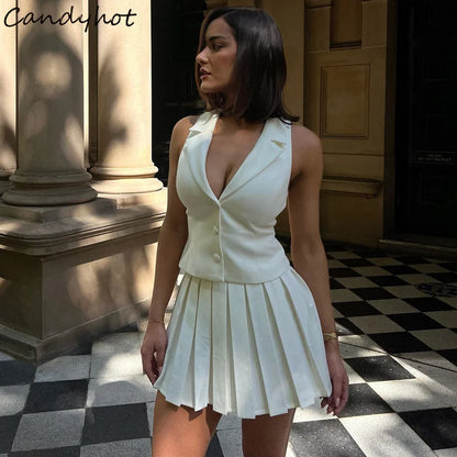 סט חצאית ומכופתרת צווארון וי