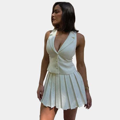 סט חצאית ומכופתרת צווארון וי