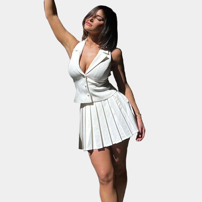 סט חצאית ומכופתרת צווארון וי